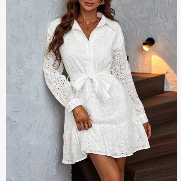 Dresses & Skirts - White Eyelet Embroidery Ruffle Hem Belted Shirt Dress